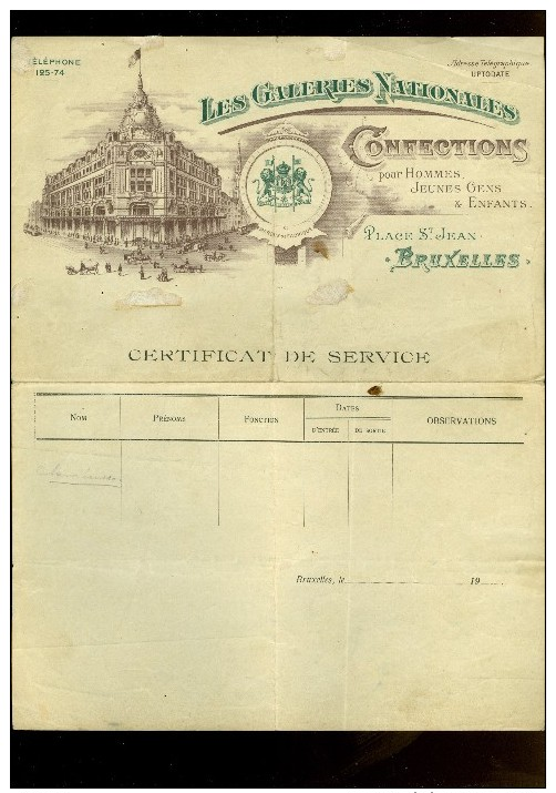 Certificat ( 191 ) Les Galeries Nationales Confections Pour Hommes & Enfants -  Bruxelles  Brussel - 1900 – 1949