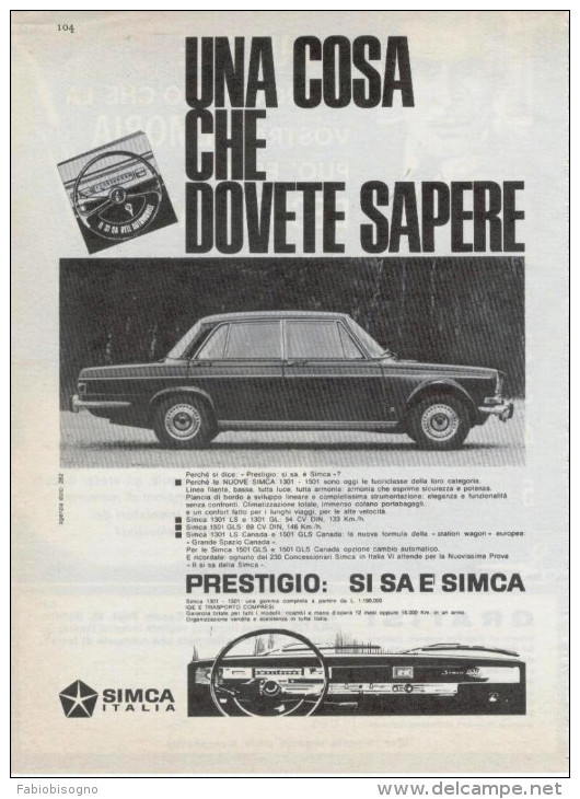 1967 -  Auto SIMCA -  3 Pag. Pubblicità Cm. 13x18 - Cars