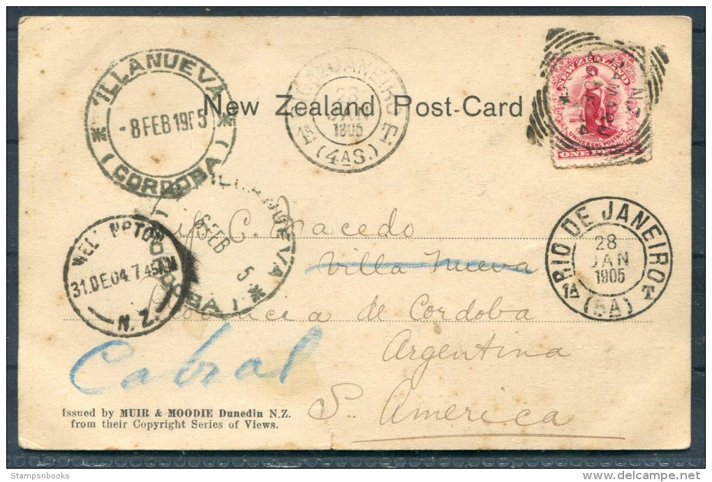 1905 New Zealand Dunedin Reservoir Postcard Wellington - Cordoba Argentina Via Rio De Janeiro - Lettres & Documents