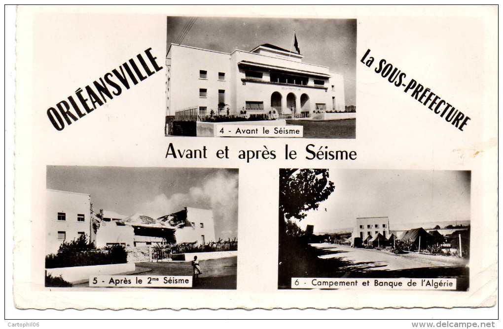 - ALGERIE - CPSM écrite ORLEANSVILLE (Chlef) 1956 - La Sous-Préfecture - Avant Et Après Le Séisme - - Chlef (Orléansville)