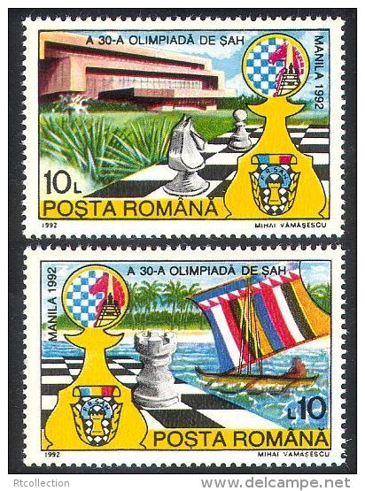 Romania 1992 Manila Olympics Chess Pieces Board Boat Building Sports Games Sports Sea Palm Flags Flag Stamps MNH - Chess