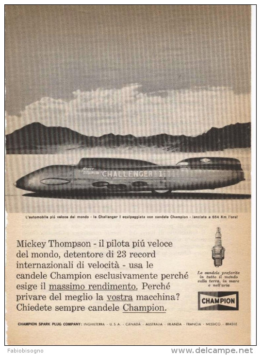 1963 - CHALLENGER 1 Di Mickey Thompson 654 Km/h - Champion - 1 Pag. Pubblicità Cm. 13 X18 - Uniformes Recordatorios & Misc