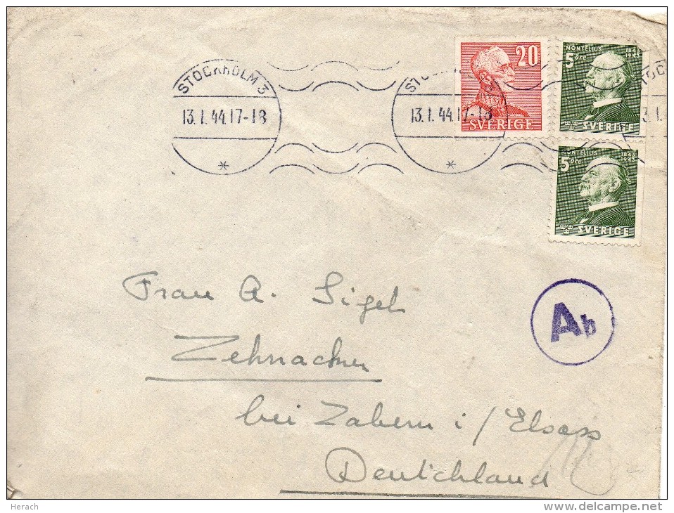 SUEDE LETTRE CENSUREE POUR L'ALSACE 1944 - 1930- ... Rollen II