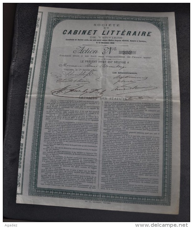 Action Société Du Cabinet Littéraire De Verviers  1891 N°252 Signature:Simonis,Duesberg.. - Autres & Non Classés