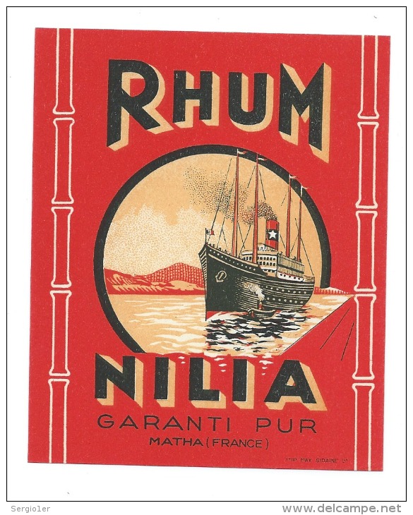 Ancienne étiquette Rhum Nilia Garanti Pur Matha France "bateau" - Rhum