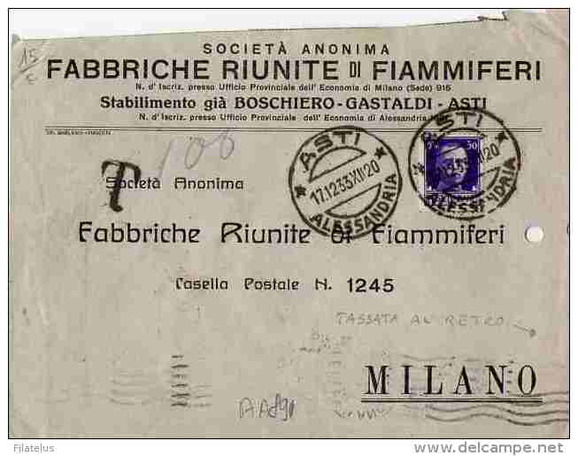 BUSTA POSTALE  PUBBLICITARIA-17-12-1933-ASTI-FABBRICHE RIUNITE DI FIAMMIFERI- TASSATA SUL RETRO-SEGNATASSI LIRE 1 - Taxe