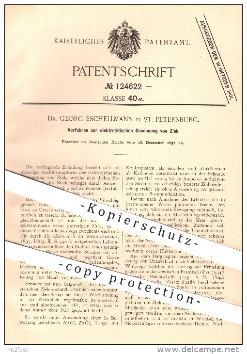 Original Patent - Dr. Georg Eschellmann In St. Petersburg , 1897 , Elektrolytische Gewinnung Von Zink , Chemie , Strom - Historische Dokumente