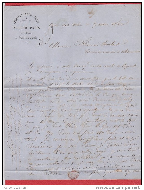 Lettre De Arcis Sur Aube ---   Chaumont  -- établ Asselin-Paris   ---  27 Mars 1862 - 1801-1848: Vorläufer XIX