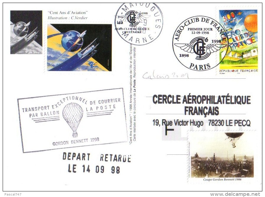 Carte Postale  Transport Par Ballon La Poste  1° Jour Aeroclub De France  1998 Vignette Aeroclub Et GB - Aviation