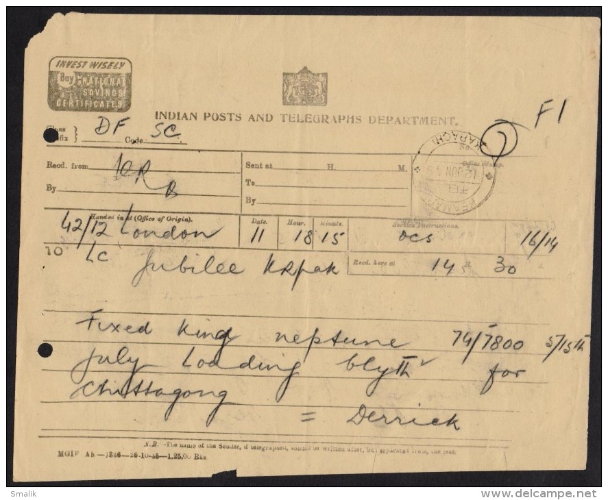 British India - Old Telegram London To Karachi 12.6.1948 Pakistan, Postmark KARACHI 12 Jun 48 - Pakistan