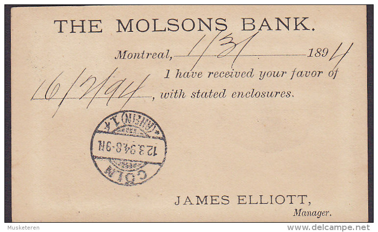 Canada Postal Stationery Ganzsache Entier PRIVAT Print THE MOLSONS BANK, MONTREAL 1894 CÖLN Köln Rhein Germany (2 Scans) - 1860-1899 Règne De Victoria