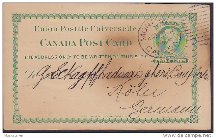 Canada Postal Stationery Ganzsache Entier PRIVAT Print THE MOLSONS BANK, MONTREAL 1894 CÖLN Köln Rhein Germany (2 Scans) - 1860-1899 Reinado De Victoria