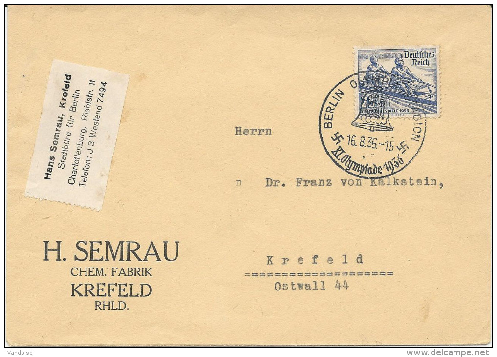 LETTRE AVEC TIMBRE A SURTAXE 25+15 ET CACHET DU STADE OLYMPIQUE DE BERLIN - Sommer 1936: Berlin