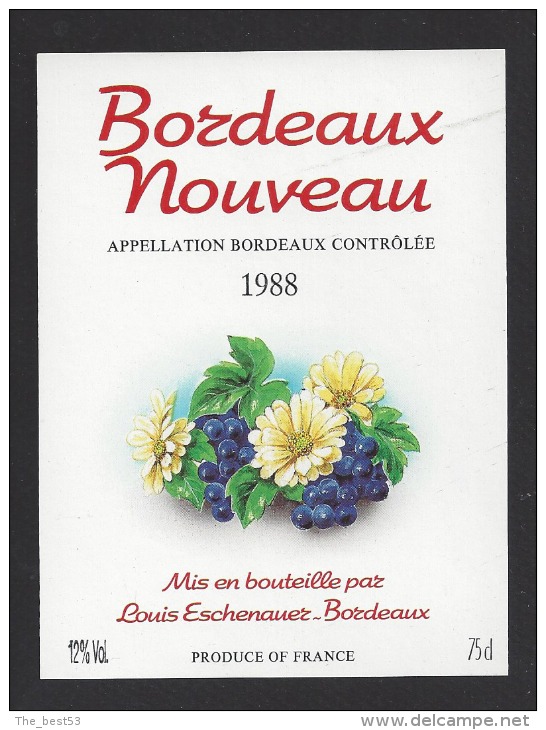 Etiquette De Vin Bordeaux Nouveaux 1988  - Thème Flore Fleurs  -  Louis Eschenauer à Bordeaux (33) - Flowers