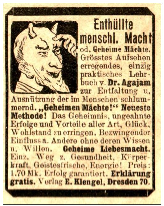 Original-Werbung/ Anzeige 1906 - ENTHÜLLTE MENSCHLICHE MACHT / KLENGEL´S VERLAG / MOTIV TEUFEL - Ca. 40 X 50 Mm - Werbung