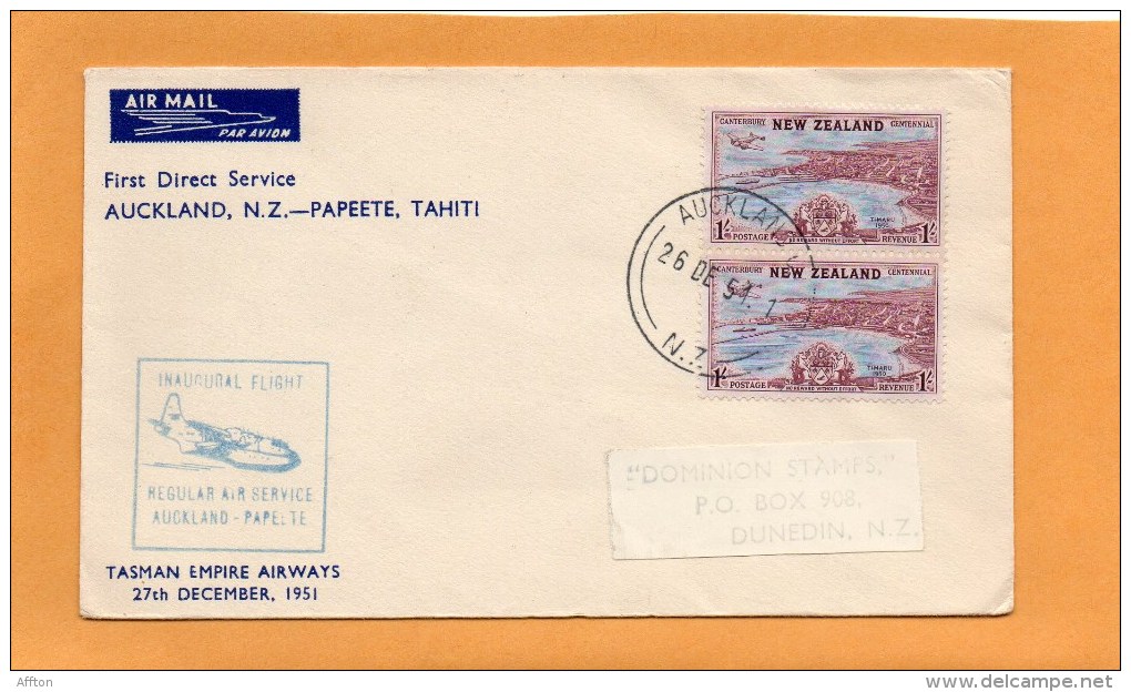 Auckland NZ Papeete Tahiti 1951 Air Mail Cover Maled - Corréo Aéreo