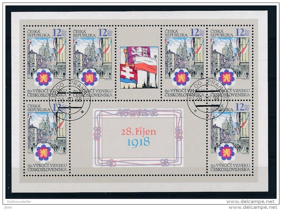 1918-1998 : Feuillet Oblitéré De 6 Timbres YT 191 : 80 ème Anniversaire De La Fondation De La Tchécoslovaquie - Blocs-feuillets