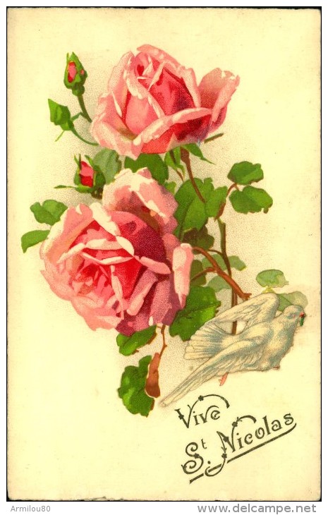 N°1890 MMM 65  VIVE SAINT NICOLAS BOUQUET DE ROSES ET COLOMBE STYLE KLEIN  EMKA PARIS - Sinterklaas