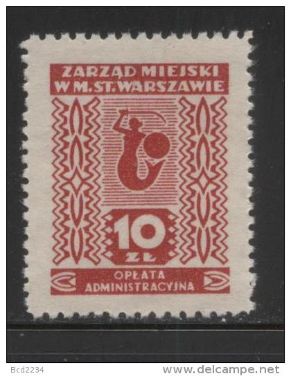 POLAND WARSAW MUNICIPAL REVENUE 1945 10ZL RED MERMAID NO GUM BF#71 MERMAIDS - Fiscaux
