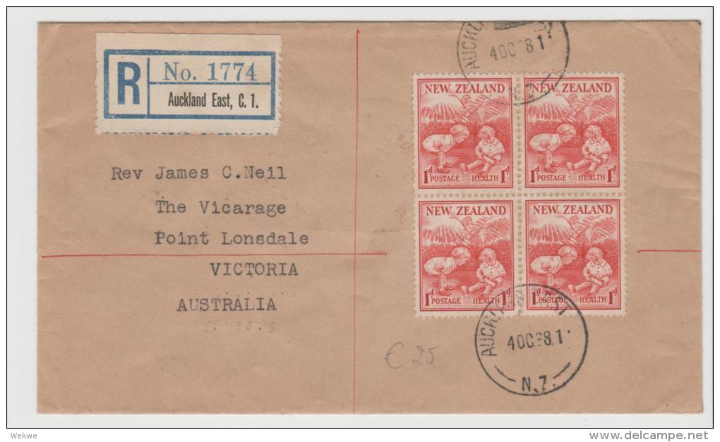 NZ037/ Health Stamps 1938, 4-er Einheit Auf Einschreiben Nach Australien - Briefe U. Dokumente