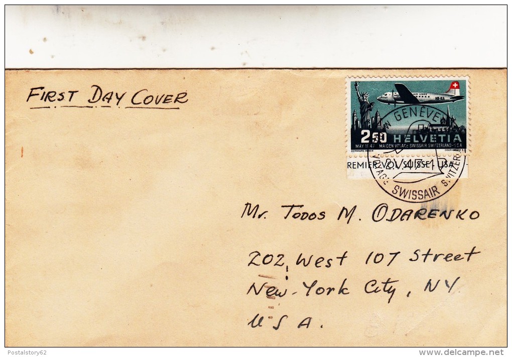 Genève To New York City, Premier Vol. Suisse- USA  1947, First Day Cover - First Flight Covers