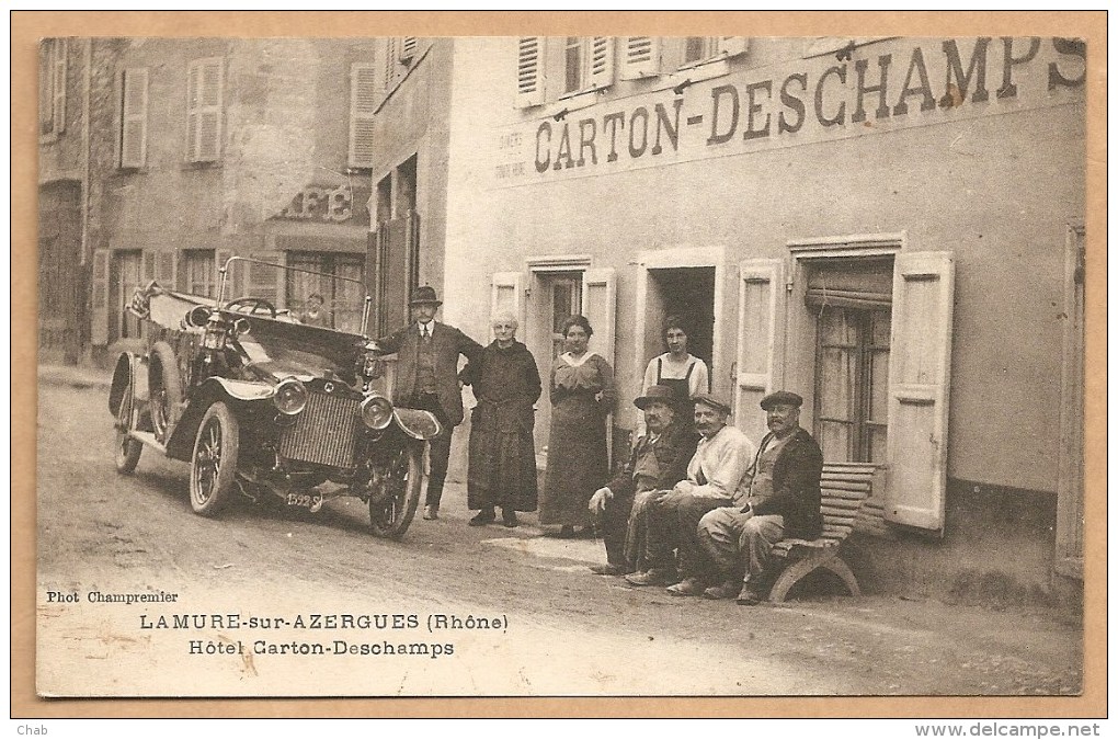 LAMURE Sur AZERGUES  (Rhône) - Hôtel Carton - Deschamps - Trés Beau Plan, Trés Animée - VOITURE - AUTOMOBILE - Lamure Sur Azergues