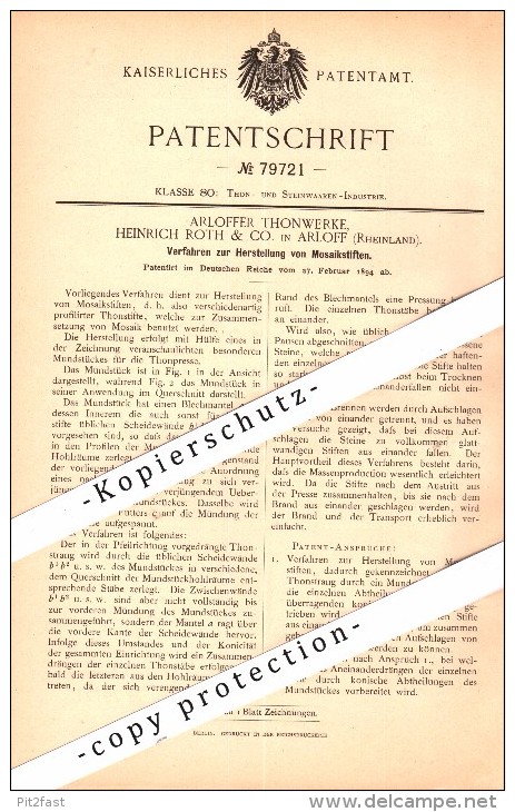 Original Patent - Arloffer Thonwerke , H. Roth & Co In Arloff B. Bad Münstereifel , 1894 , Herstellung Von Mosaikstiften - Bad Münstereifel