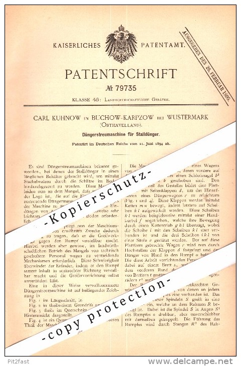 Original Patent - Carl Kuhnow In Buchow-Karpzow B. Wustermark , 1894 , Düngerstreumaschine Für Stalldünger , Agrar !!! - Wustermark