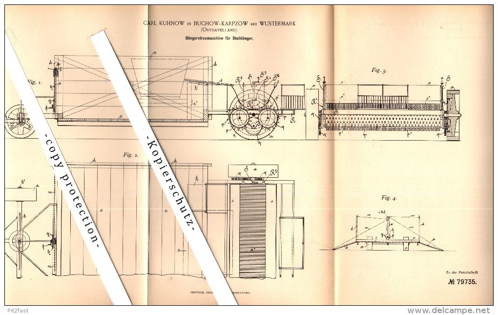 Original Patent - Carl Kuhnow In Buchow-Karpzow B. Wustermark , 1894 , Düngerstreumaschine Für Stalldünger , Agrar !!! - Wustermark