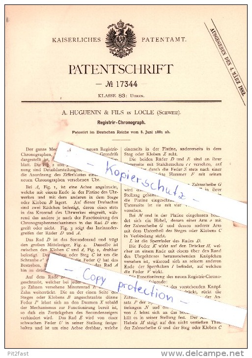 Original Patent - A. Huguenin & Fils In Locle , Schweiz , 1881 , Registrier-Chronograph  , Uhr , Uhrmacher !! - Montres Anciennes