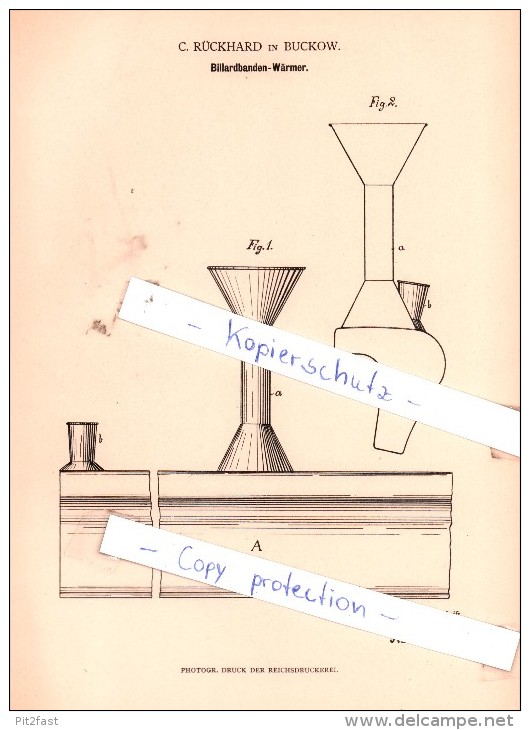 Original Patent - C. Rückhard In Buckow , 1880 ,  Billardbanden-Wärmer , Billard , Märkische Schweiz !!! - Buckow