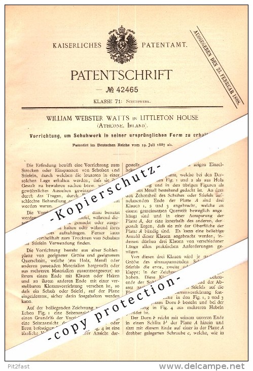 Original Patent - William Watts In Littleton House , Athlone , 1887 , Tensioning Device For Shoes , Ireland !!! - Westmeath