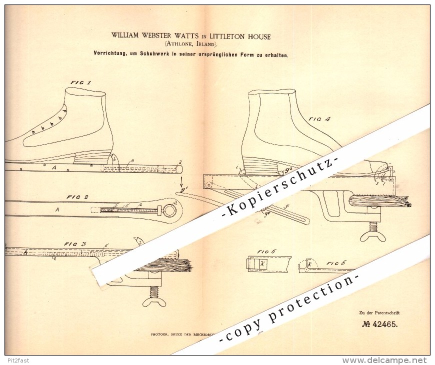 Original Patent - William Watts In Littleton House , Athlone , 1887 , Tensioning Device For Shoes , Ireland !!! - Westmeath