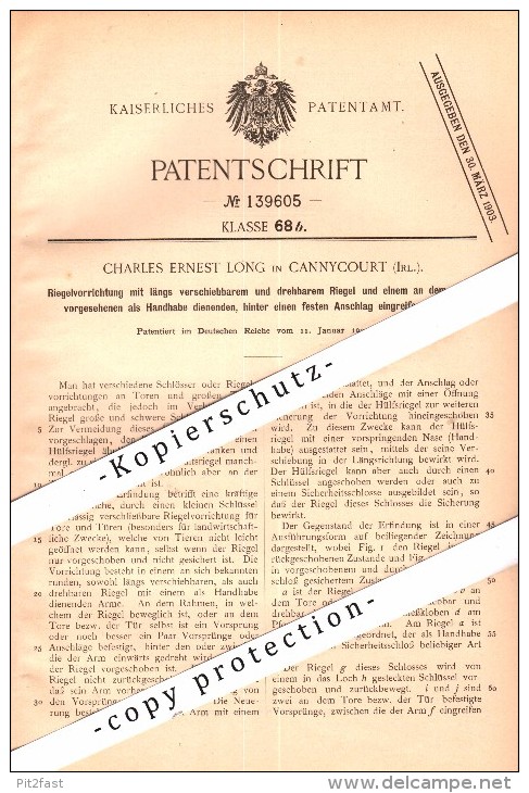 Original Patent - Charles E. Long In Cannycourt , Ireland , 1902 , Lock For Gates , Kilcullen , Kildare !!! - Kildare