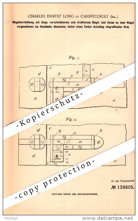 Original Patent - Charles E. Long In Cannycourt , Ireland , 1902 , Lock For Gates , Kilcullen , Kildare !!! - Kildare