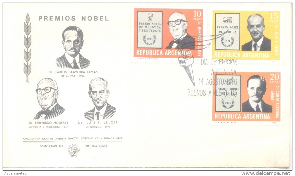 NOBEL PRIZE ARGENTINE 1976 FDC PREMIERE JOUR D´EMISSION PRIMER DIA DE EMISION SERIE COMPLETA - Prix Nobel