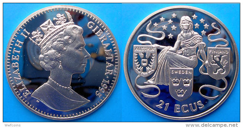 GIBILTERRA 21 E 1995 ARGENTO PROOF UNINE AUSTRIA FINLANDIA SVEZIA PESO 19,2g TITOLO 0,925 CONSERVAZIONE FONDO SPECCHIO U - Gibilterra