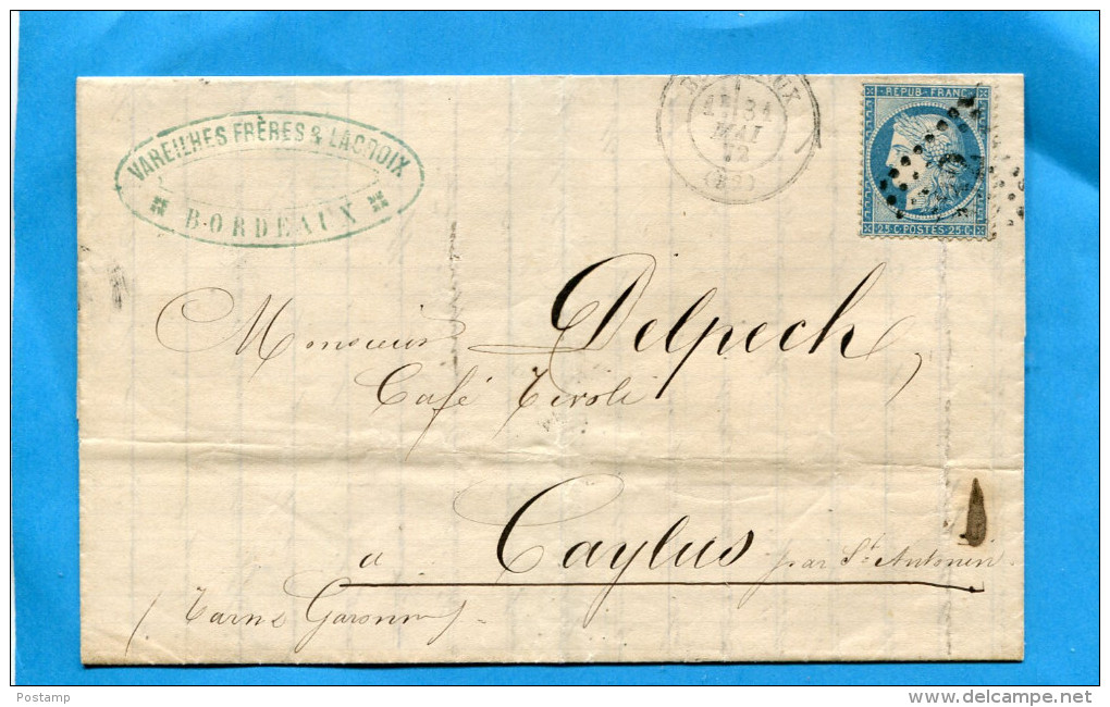 MARCOPHILIE-lettre Affranchie N°60A-obli étoile N°2 Cad Ma 1872 - 1701-1800: Précurseurs XVIII
