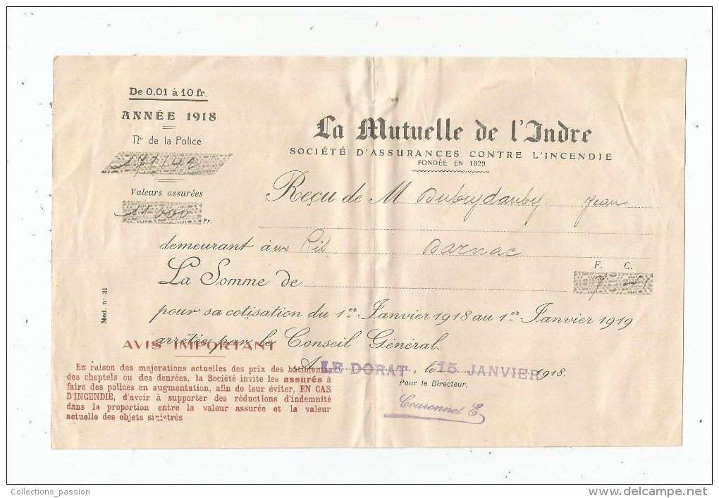 Reçu , LA MUTUELLE DE L´INDRE , 1918 , LE DORAT - Banco & Caja De Ahorros
