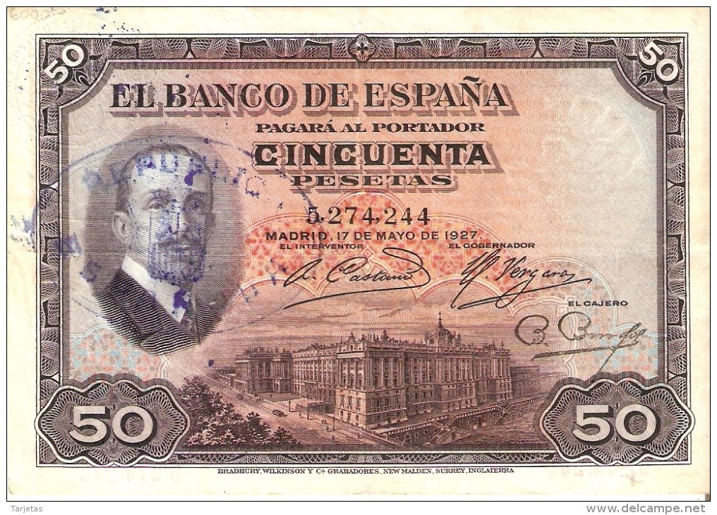 BILLETE DE 50 PTAS DEL AÑO 1927 CON SELLO SECO Y RESELLO DE LA REPUBLICA ESPAÑOLA HORIZONTAL TINTA AZUL - 50 Pesetas