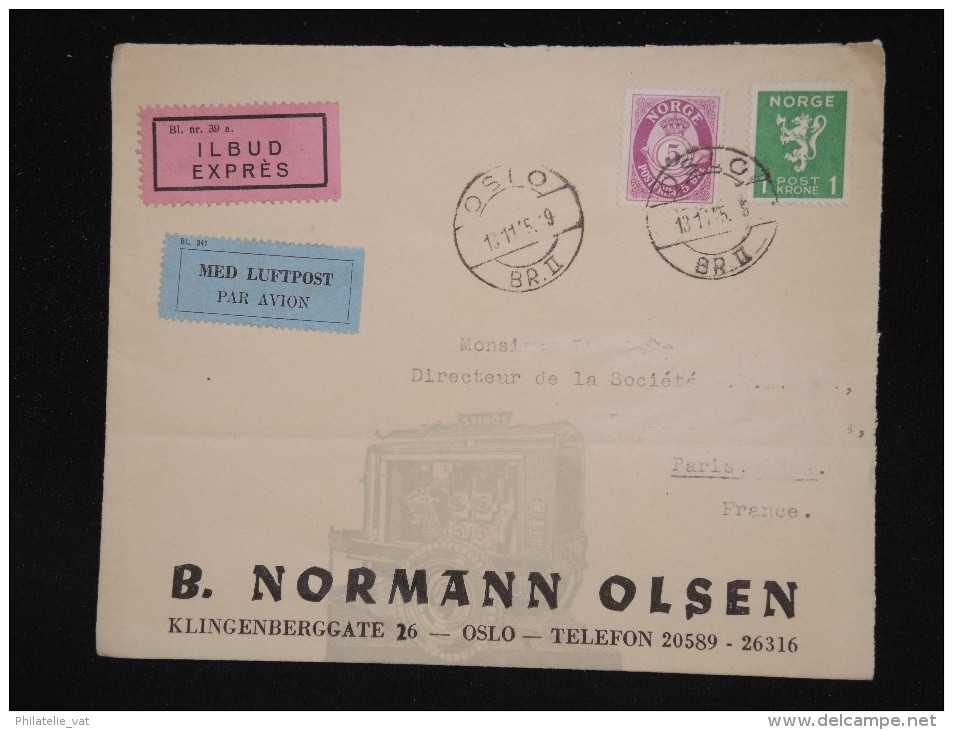 NORVEGE - Enveloppe Commerciale De Oslo Pour Paris En 1945 Par Avion Et Expres ( étiquettes) - à Voir - Lot P10142 - Lettres & Documents