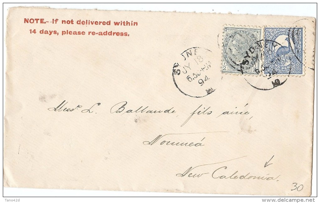 LBL33D- AUSTRALIE NEW SOUTH WALES LETTRE SYDNEY / NOUMÉA 18/6/1894 - Cartas & Documentos