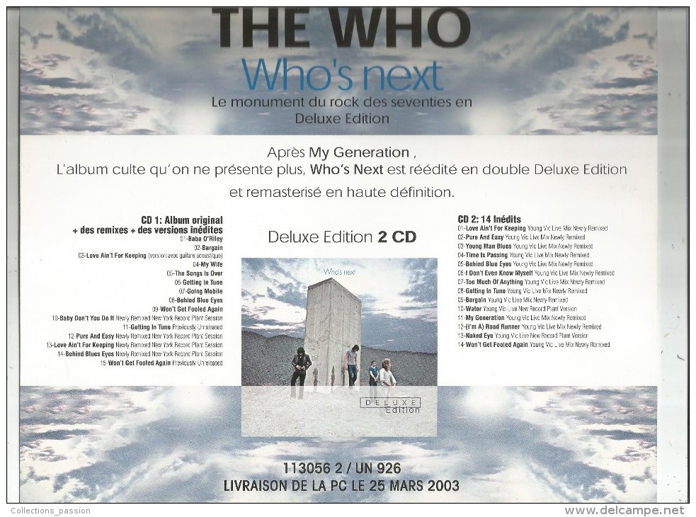 Publicité, Pour Revendeur,musique , The WHO,  20 X 24.5 , 2003 , Who's Next , Cd , 2 Scans , Frais Fr : 1.50€ - Autres & Non Classés
