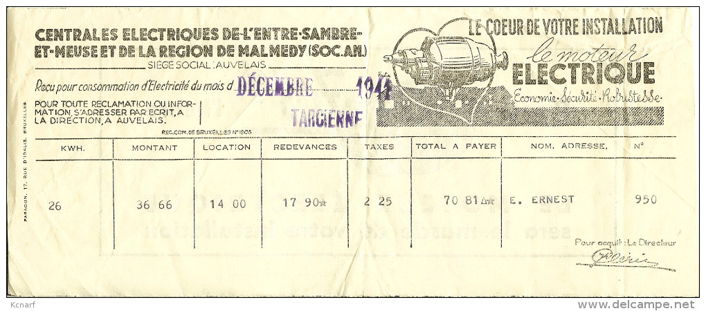 Facture  1941 Centrales électriques ... De La Région De MALMEDY Avec Griffe De TARCIENNE . - Elektriciteit En Gas