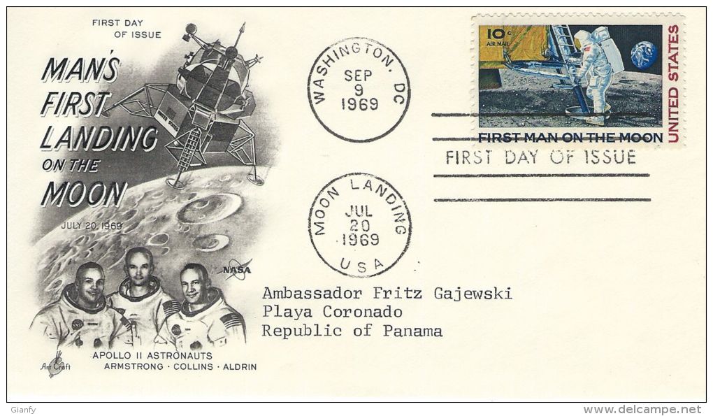 1969 USA UNITED STATES MAN'S FIRST LANDING ON THE MOON FDC ART CRAFT - America Del Nord