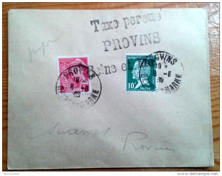 Cachet Taxe Percue PROVINS Seine Et Marne Sur Lettre 10 + 5c 1943 - Guerre De 1939-45