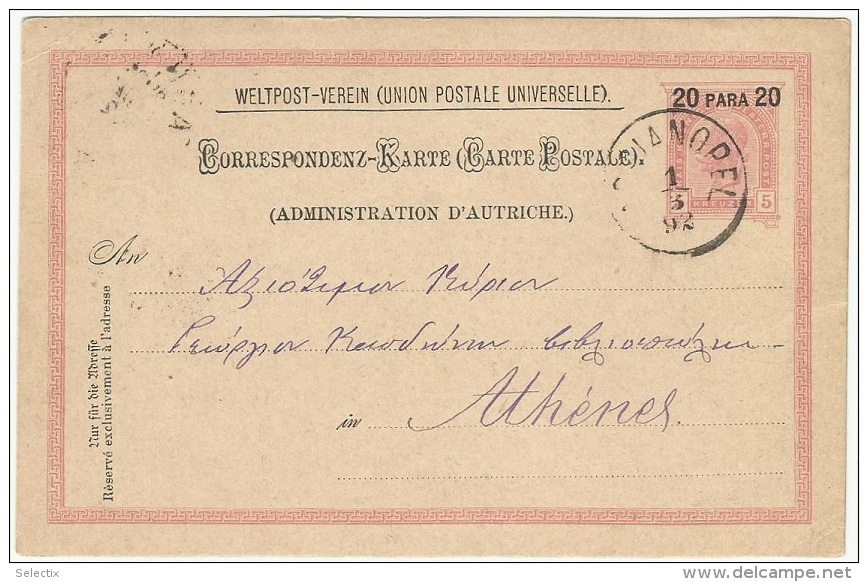 Greece 1892 Austrian Post In The Ottoman Empire - Adrianopel To Athens - Thrakien