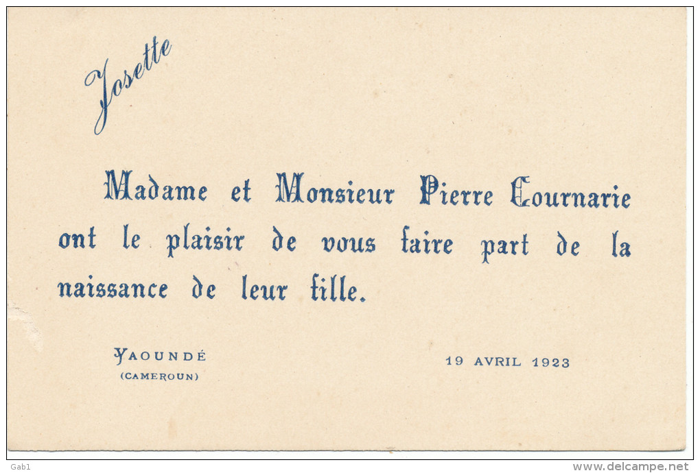 Faire Part De Naissance  ( Josette )  --- Yaounde ( Cameroun ) -- 19 Avril 1923 - Nacimiento & Bautizo