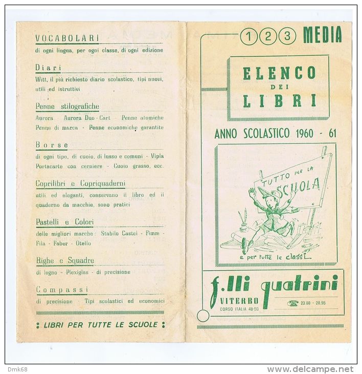 VITERBO - CARTOLIBRERIA QUATRINI - ELENCO LIBRI ANNO SCOLASTICO 1960 - 1961 - Advertising