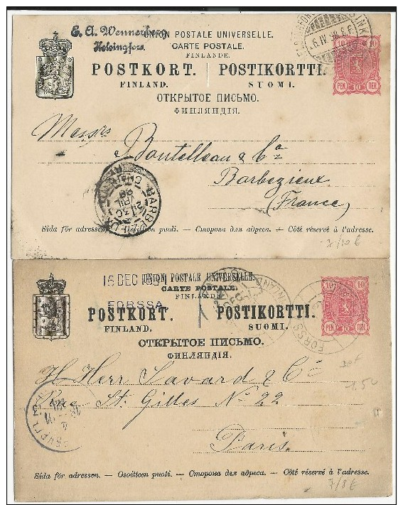 FINLANDE - 1891 + 1898 - 2 CARTES ENTIER POSTAL DIFFERENTES  De HELSINGFORS Et FORSSA Pour La FRANCE - Postwaardestukken